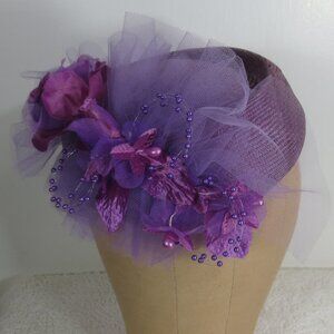 Unbranded Hat Vintage Purple Woven Pillbox Lavender Floral Ladies' Size 6 7/8